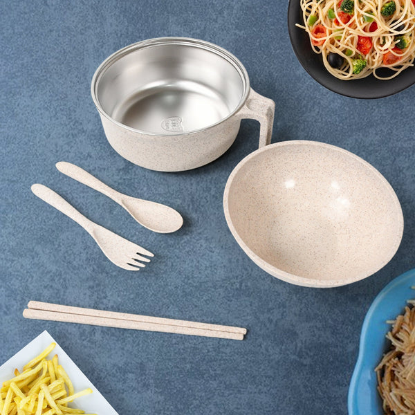 Rice Bowl Noodle 1 Bowl with 1 Lid and Handle Wheat Straw Noodle Bowls with Wheat Straw 1 Fork, 2 Chopsticks, 1 Spoon for Soup Salad Cooker Snack Set (6 Pcs Set)