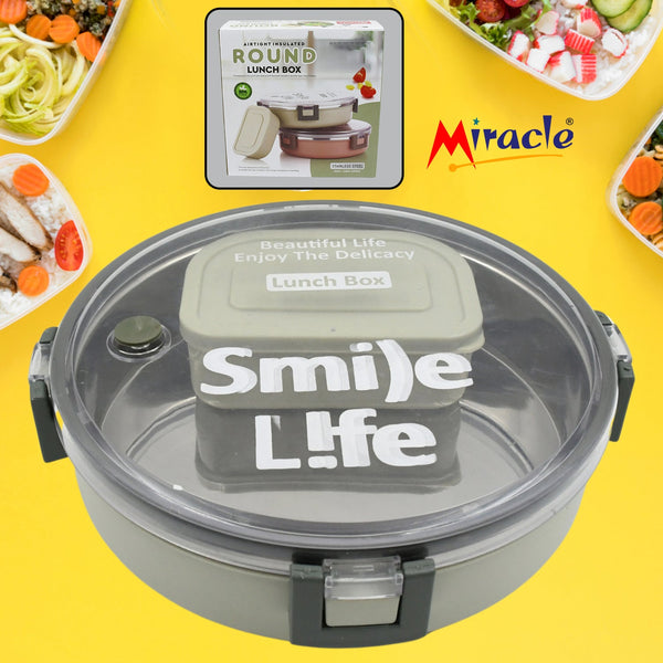 Miracle Stainless Steel Round Lunch Box, with Small Plastic Box Insert Leak Proof Lunch Box with Transparent lid, Lunch Box for Kids & Adults for School, Office (450 ML + 250 ML Approx)