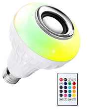 Multicolor LED bulb with wireless Bluetooth control and speaker.