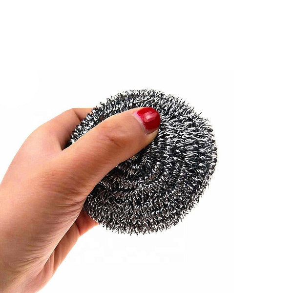 Single-piece stainless steel scrubber, perfect for heavy-duty cleaning tasks in the kitchen.