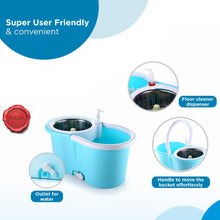 Plastic mop with spinner bucket and 2 absorbers, 360-degree cleaning, shown from different perspectives.