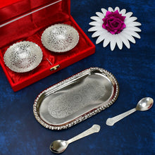 Silver plated tray set with bowls and spoons.